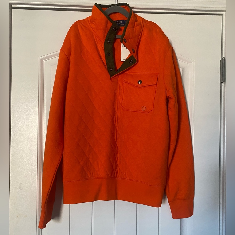 NWT Polo Ralph Lauren Mens Orange Half Button Quilted Long Sleeve Pullover Small